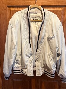 White Leather Vintage Varsity-Style Bomber Jacket with Black Stripe Trim